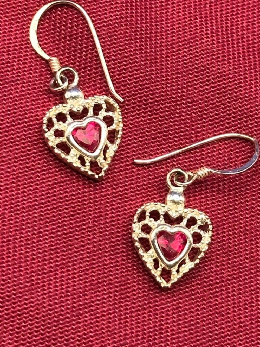 VTG Morning Sun Inc. 925 Filigree Heart Earrings Red Spinel Gemstones